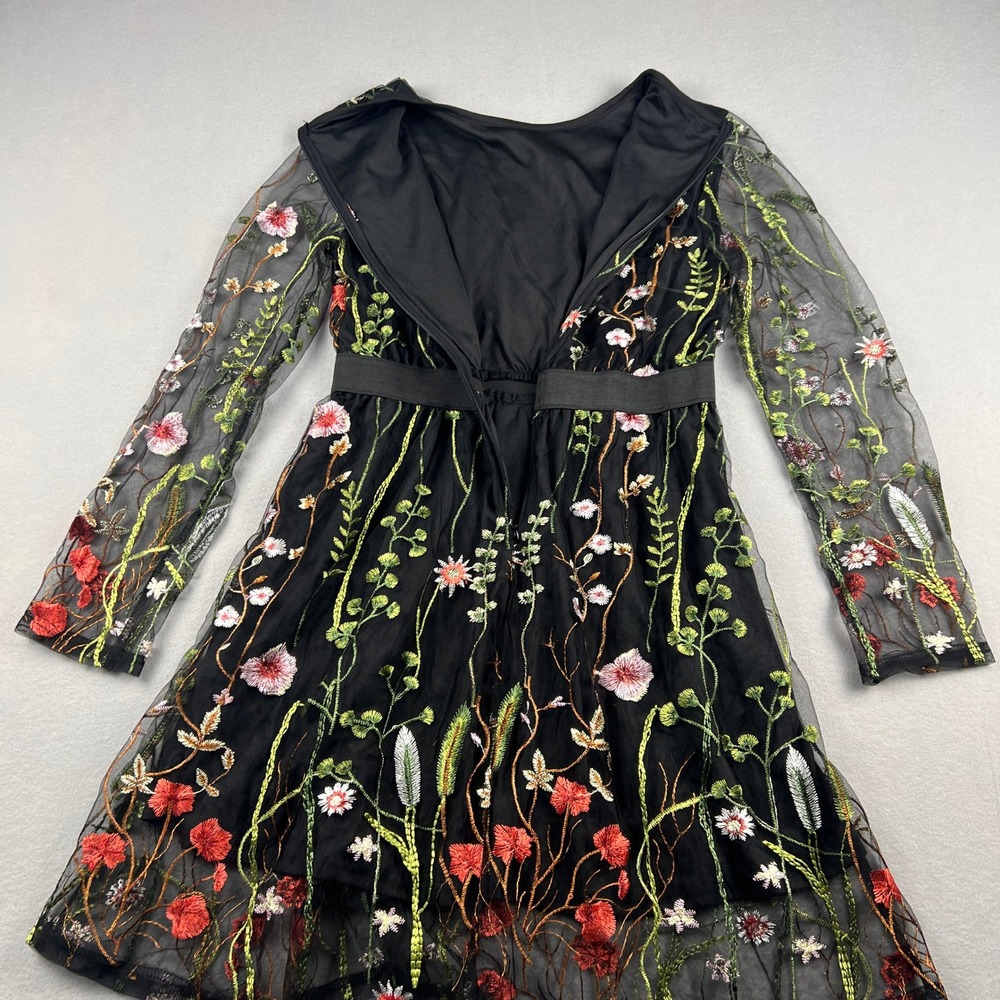 Floral Embroidered Mesh Dress Cotagecore Small Black Sheer Mini Party Wedding - Picture 3 of 11